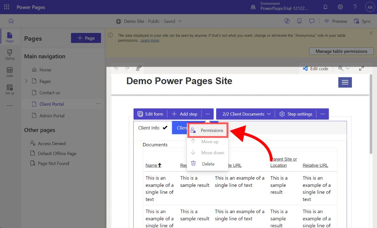 Setting permissions on a multistep form in Power Pages