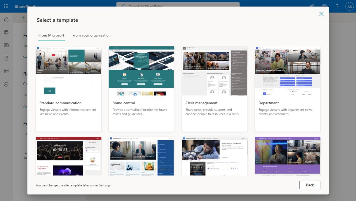 Selecting a SharePoint site template