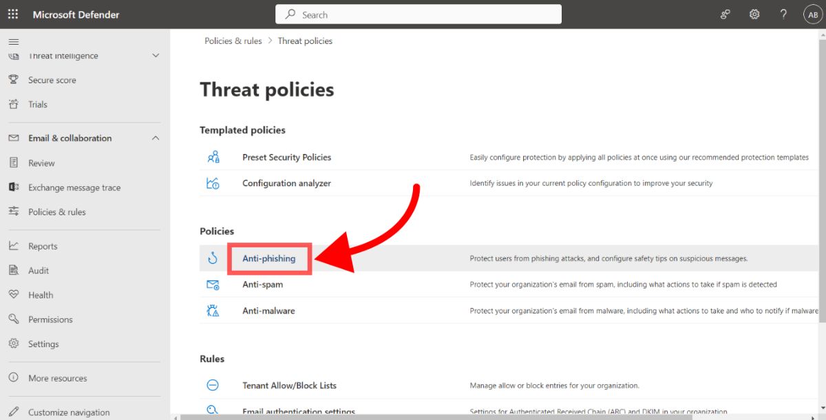 Anti-phishing in Microsoft Defender