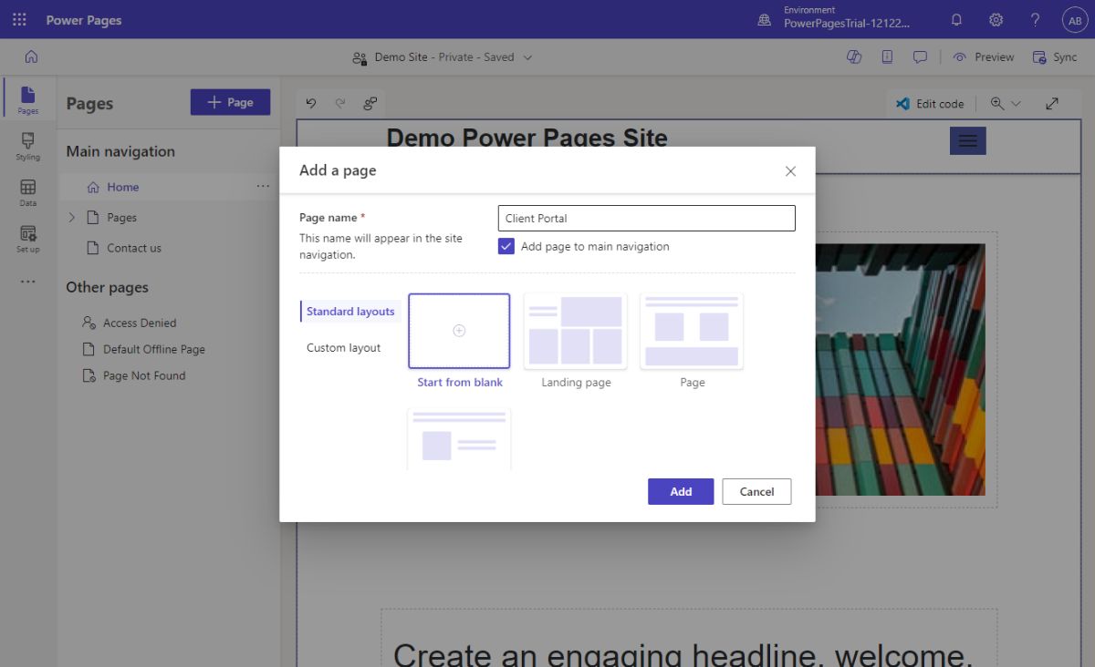 Add a page dialog in Power Pages