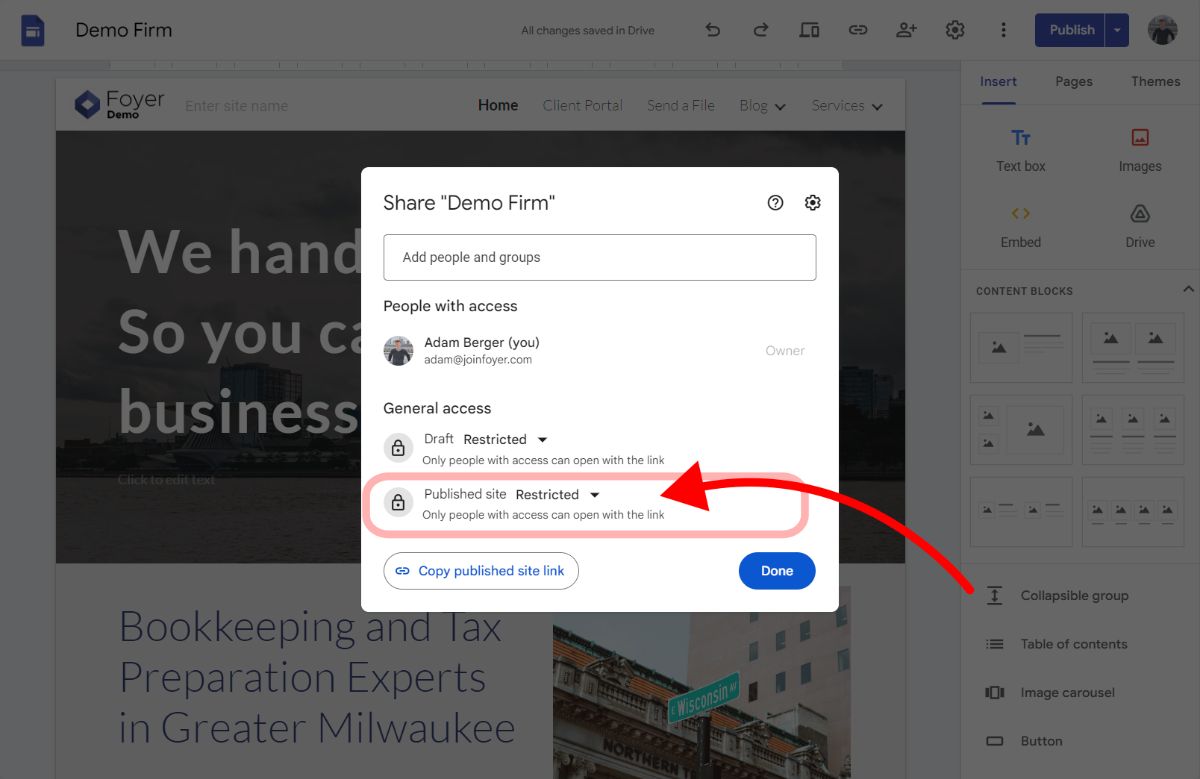 Setting published site access in Google Sites