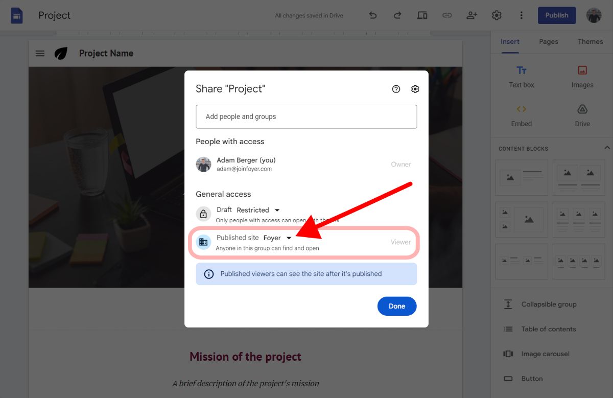 Changing published site access in Google Sites