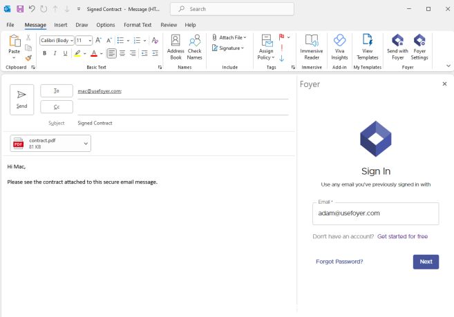 Signing in with Foyer in Outlook