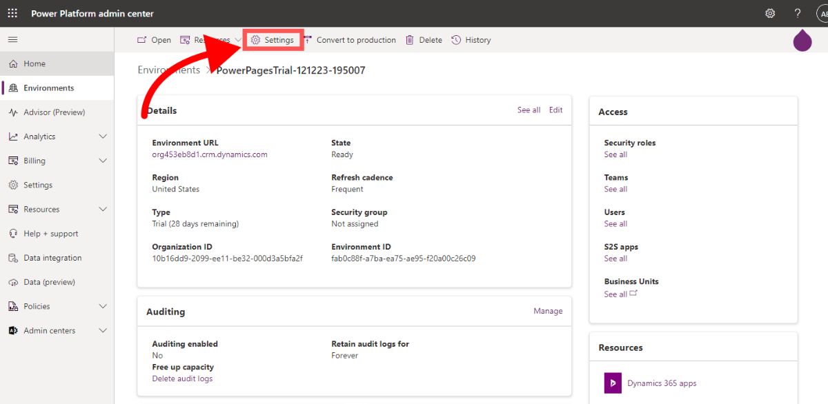 Going to Environment settings in Power Platform admin center