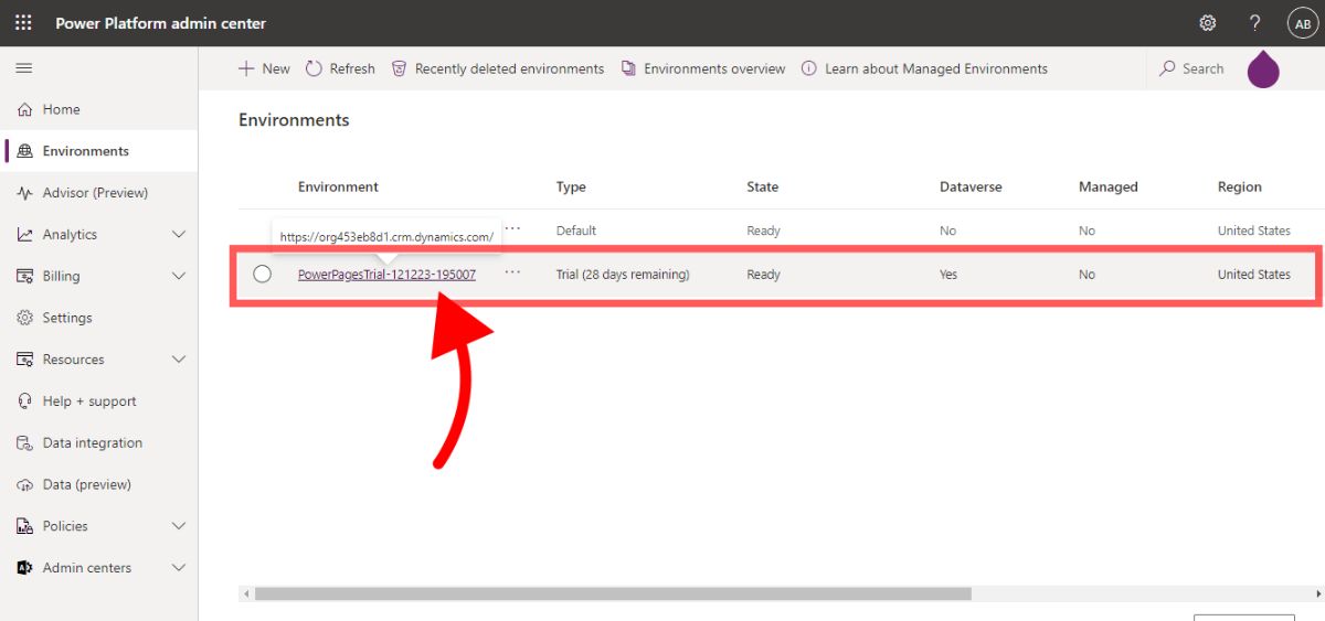 Power Platform Admin center environment select