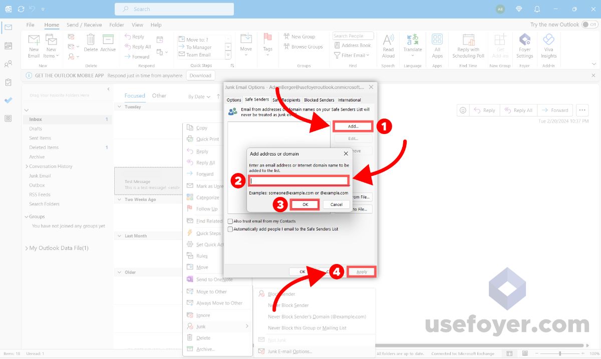 Adding a Safe Sender in Outlook