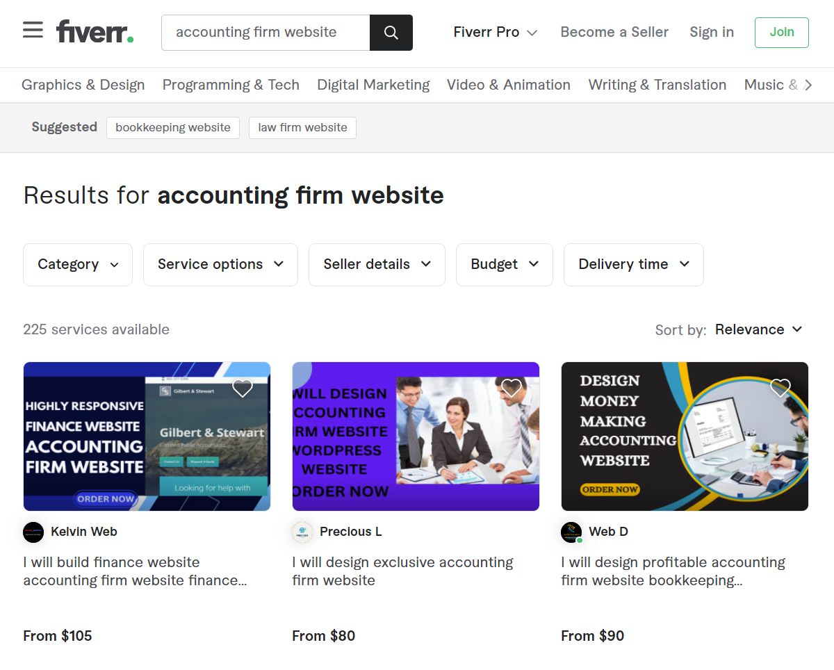 Web design contractors on Fiverr for accounting websites