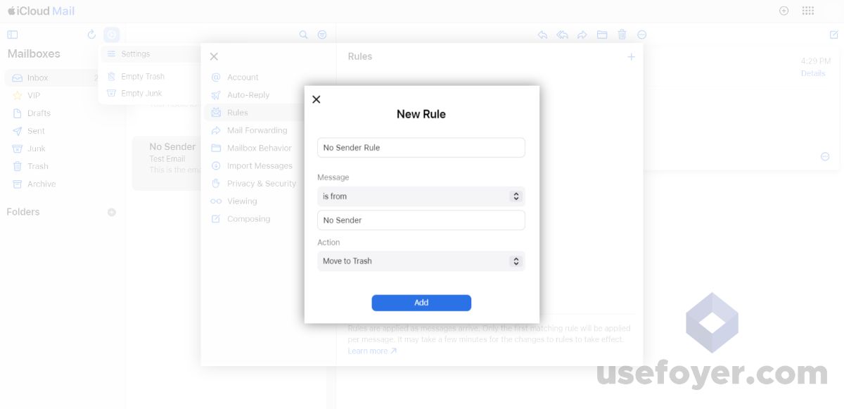 Adding a Mail Rule in iCloud Mail