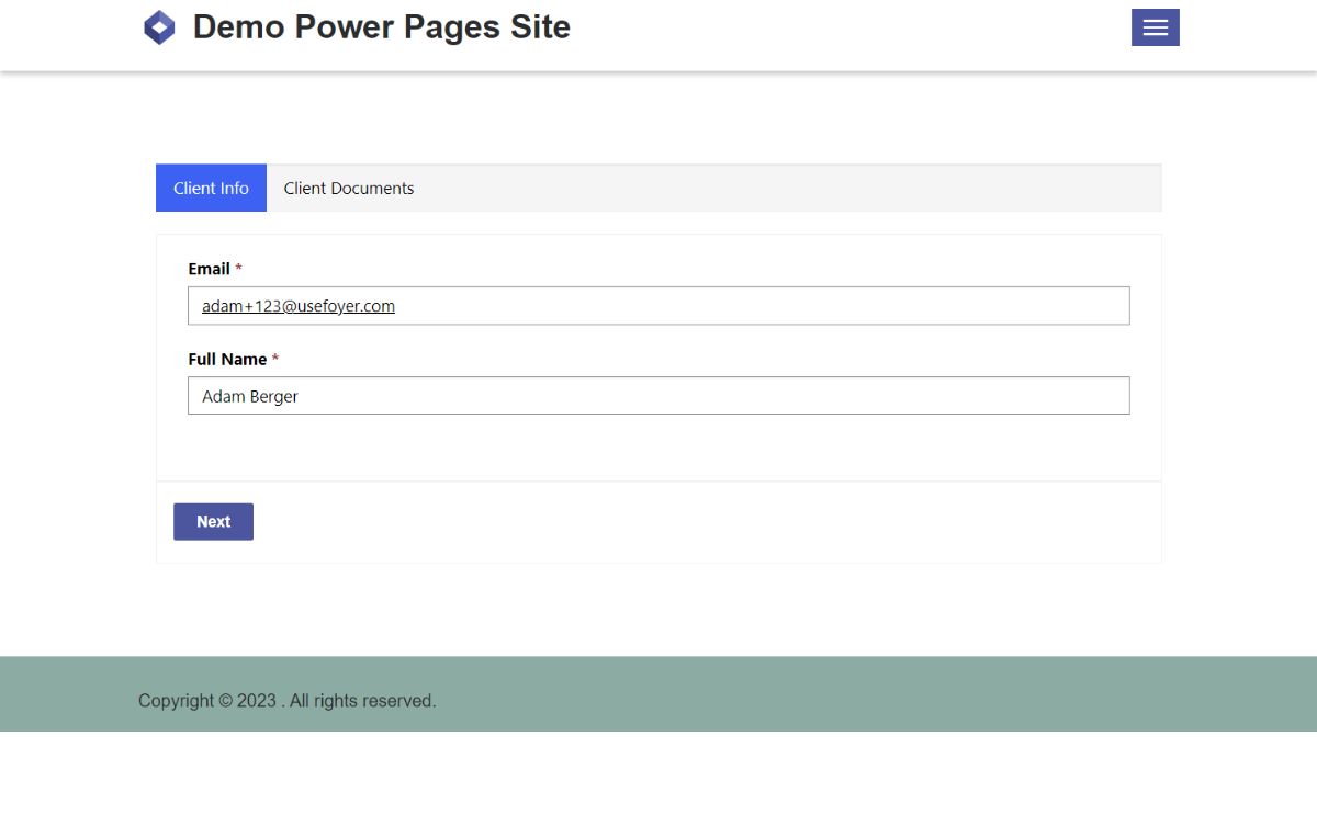 Client filling out form on sharepoint client portal with Power Pages