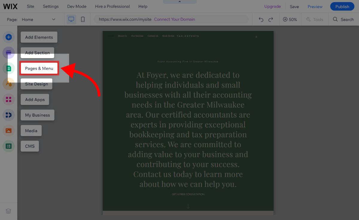 Clicking pages and menu in Wix to add a new link