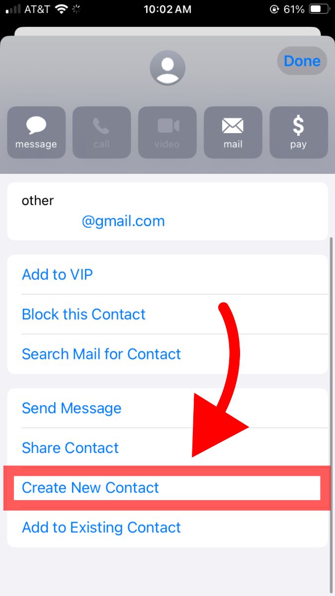 Clicking Create New Contact on iPhone Mail