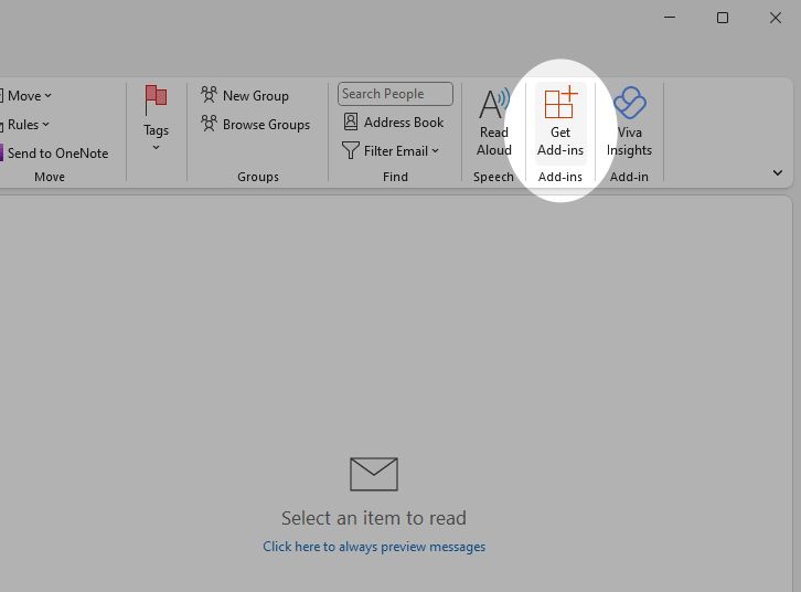 The Get Add-ins button in Microsoft Outlook