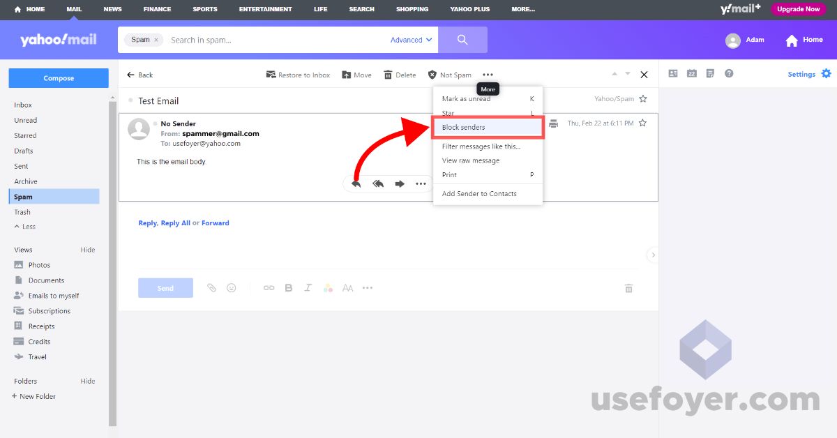 Selecting Block Sender in Yahoo Mail