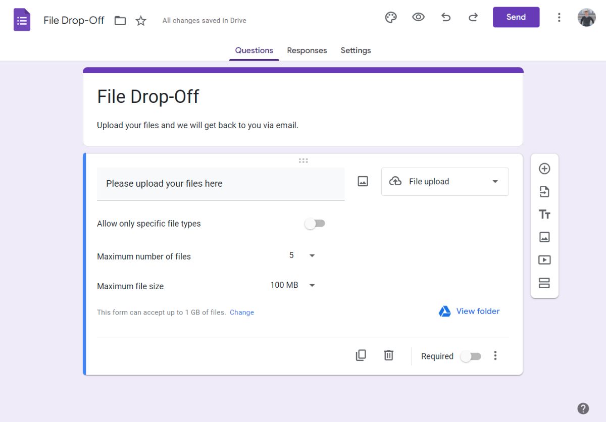 Changing settings on the File Upload field in Google Forms