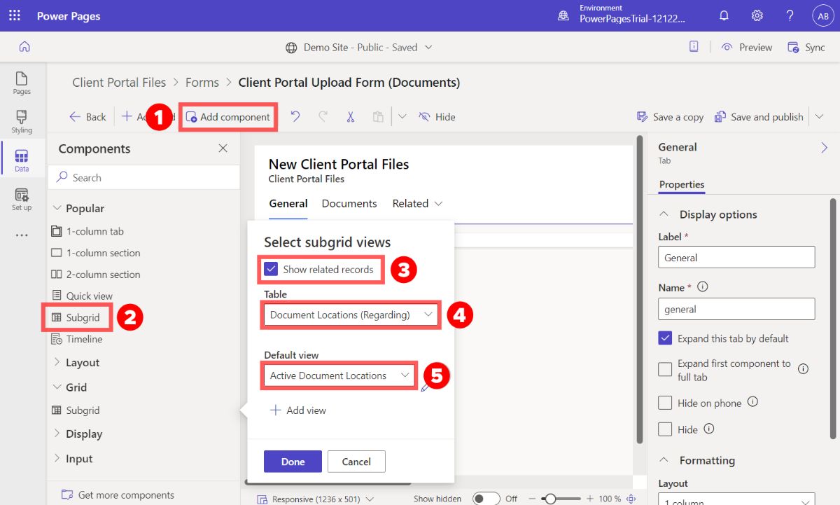 Adding a Document Location subgrid to a Power Pages form