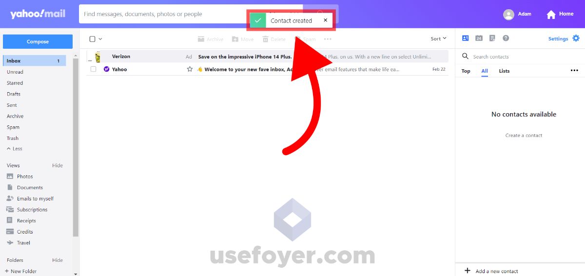 Yahoo Mail Contact Created