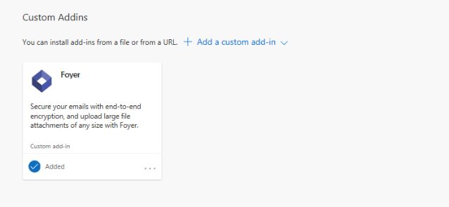 Foyer listed as a Custom Add-ins for Outlook