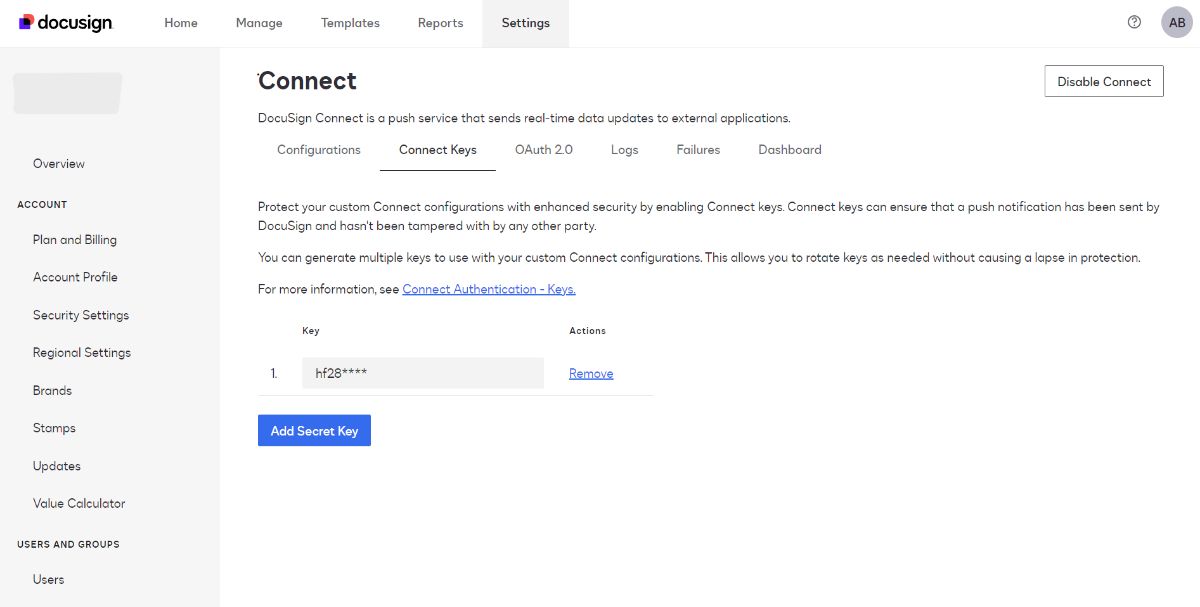 DocuSign Connect settings