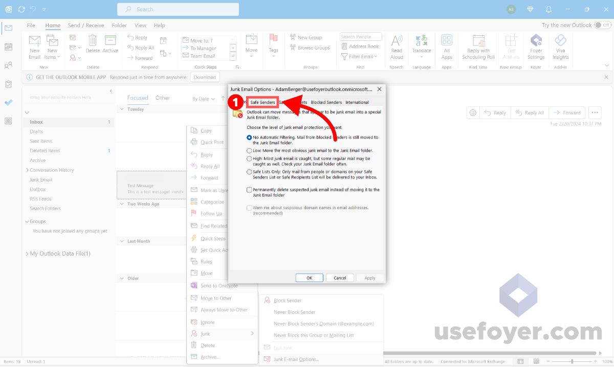 Navigating to Safe Sender Settings in Outlook