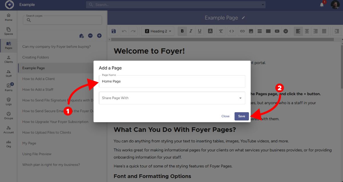 Using the Add a Page dialog in Foyer