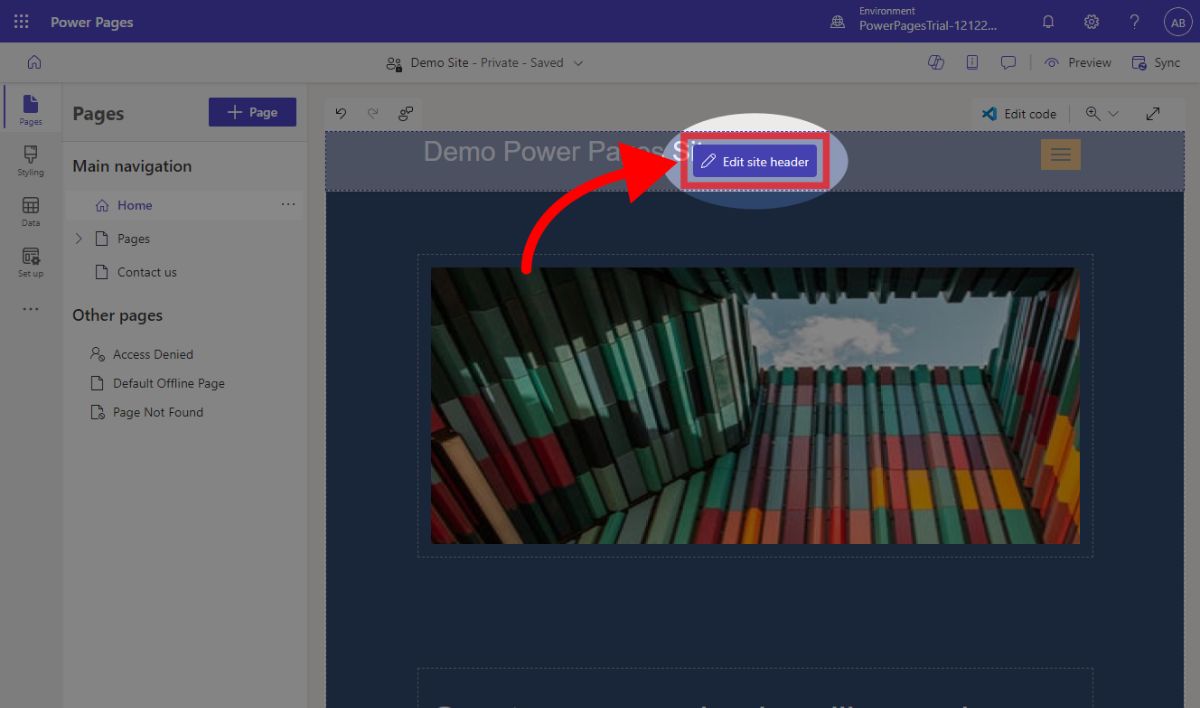 Editing the site header in Power Pages
