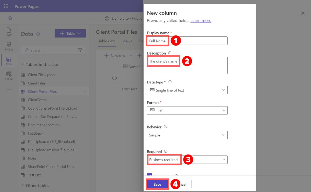 Configuring a new column in a Power Pages dataset