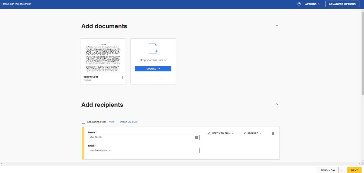 DocuSign envelope edit screen