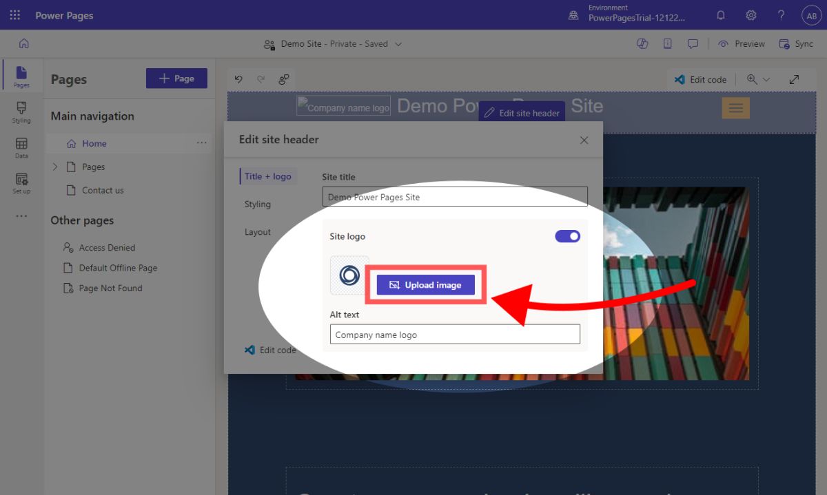 Uploading a site logo for power pages