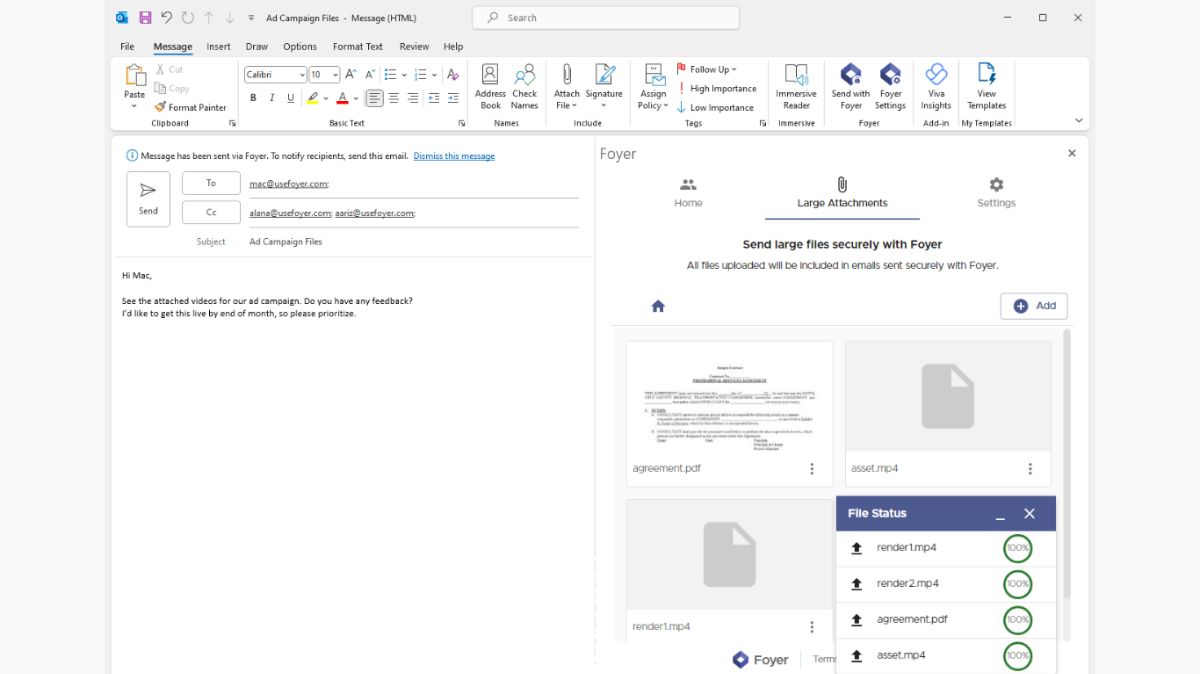 Sending a Large File via Email with the Foyer Outlook Add-in