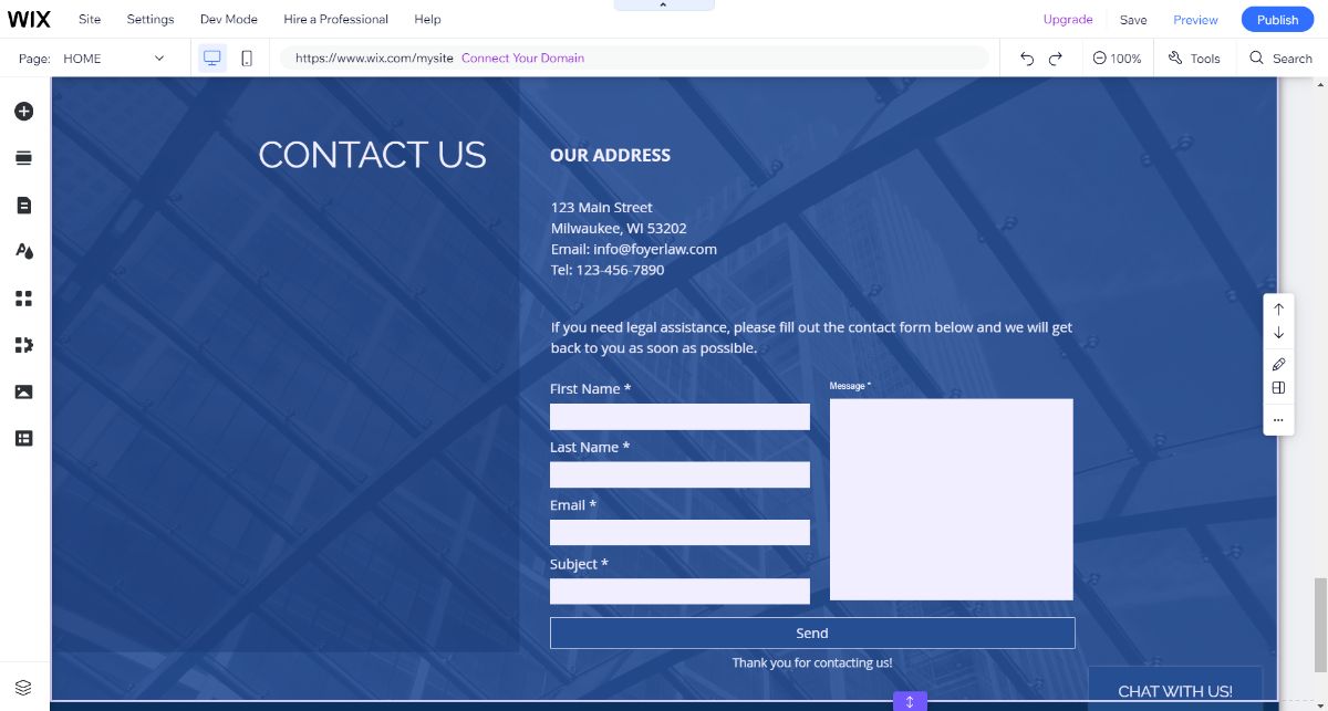 A Contact Us form in Wix