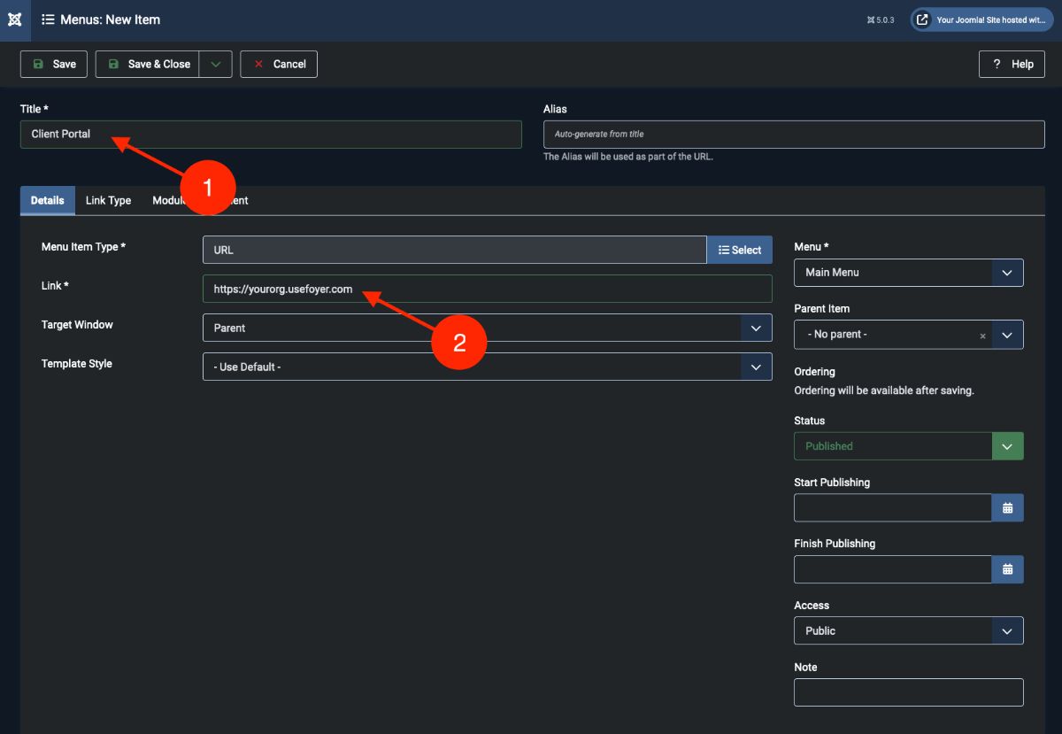 lets add your title which is either "Secure Upload" or "Client Portal. For the example, I used "Client Portal". Then, put your URL for the Client Portal under "Link*".