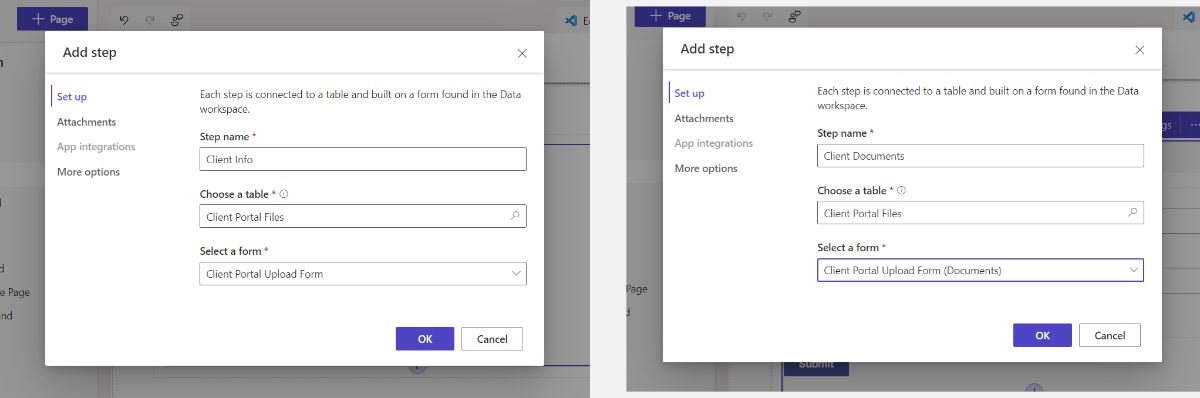 Configuring two steps for a multistep form