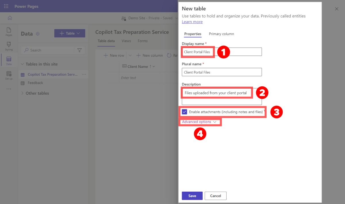 Creating a new table in Power Pages