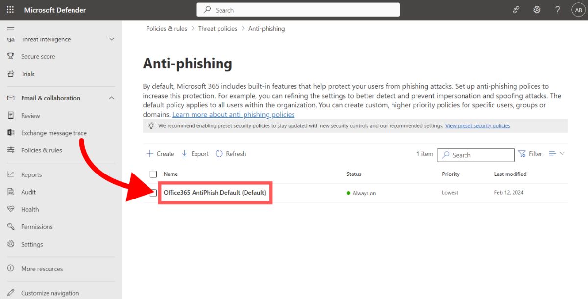 Anti-phishing policies in Microsoft Defender