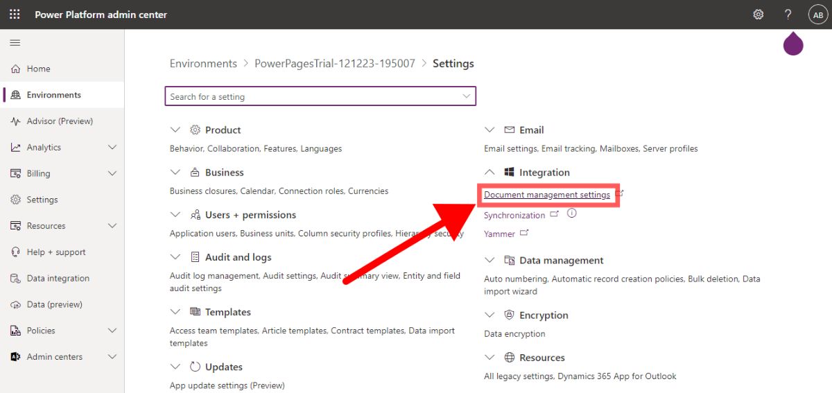 Selecting document management settings in Power Platform admin center