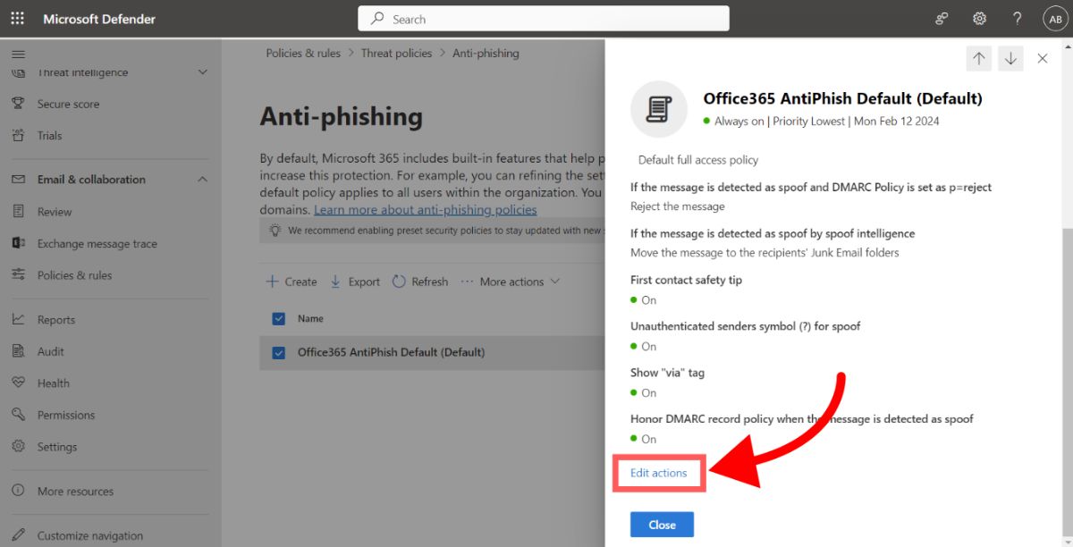 Editing actions of a Phishing Policy in Microsoft Defender