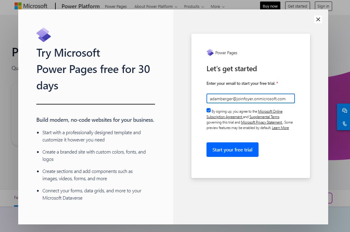 Signing up for the Power Pages trial