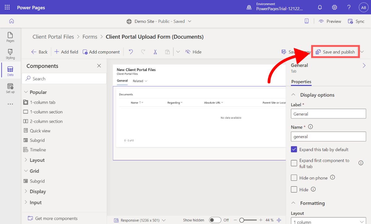 Publishing a form with Power Pages forms