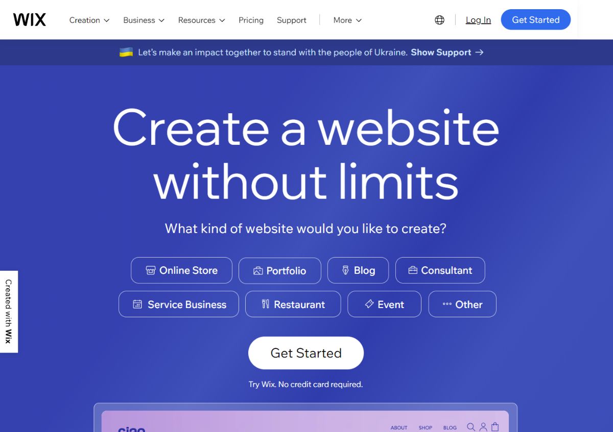 The Wix landing page