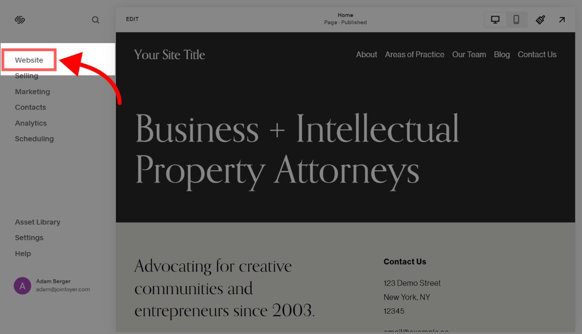 Navigating to the website tab in Squarespace